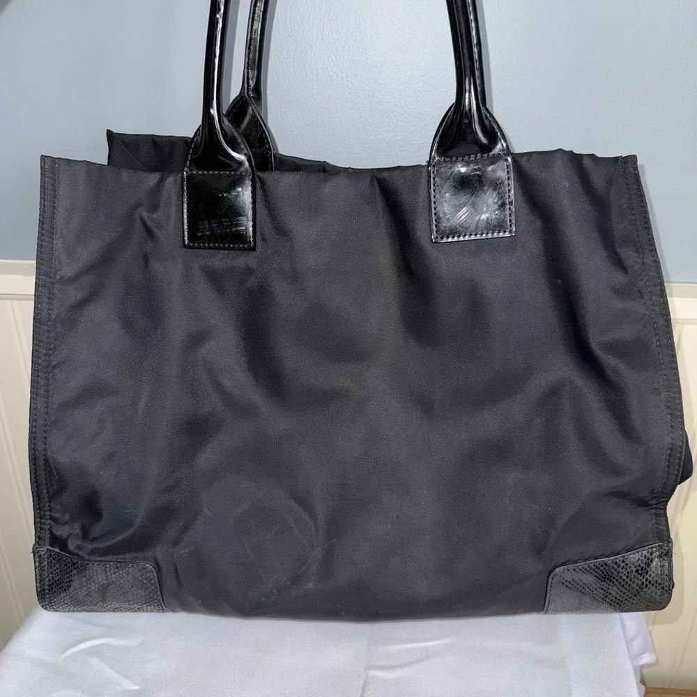 Tory Burch Large Ella Tote Black Nylon Snake Skin Logo Shoulder Overnight Bag